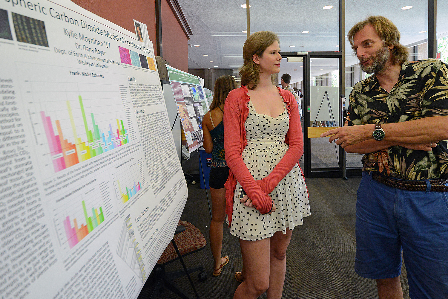 Kylie Moynihan ’17 speaks to Joop Varekamp, the Harold T. Sterns Professor of Earth Science, about her research titled “Testing the Atmospheric Carbon Dioxide Model of Franks et. al.” Franks attempted to develop a new method for modeling atmospheric carbon dioxide. Moynihan’s advisor is Dana Royer, chair and professor of earth and environmental sciences, professor of environmental studies. 