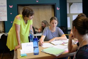 Sharon Heyman, a mathematics education specialist from the University of Connecticut, works with teachers at the Green Street Teaching and Learning Center. 