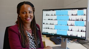 oyette Tavernier, assistant professor of psychology, is director of Wesleyan's Sleep and Psychosocial Adjustment Lab housed in Judd Hall. Here, she monitors an individual's nightly sleep patterns. (Photo by Olivia Drake)