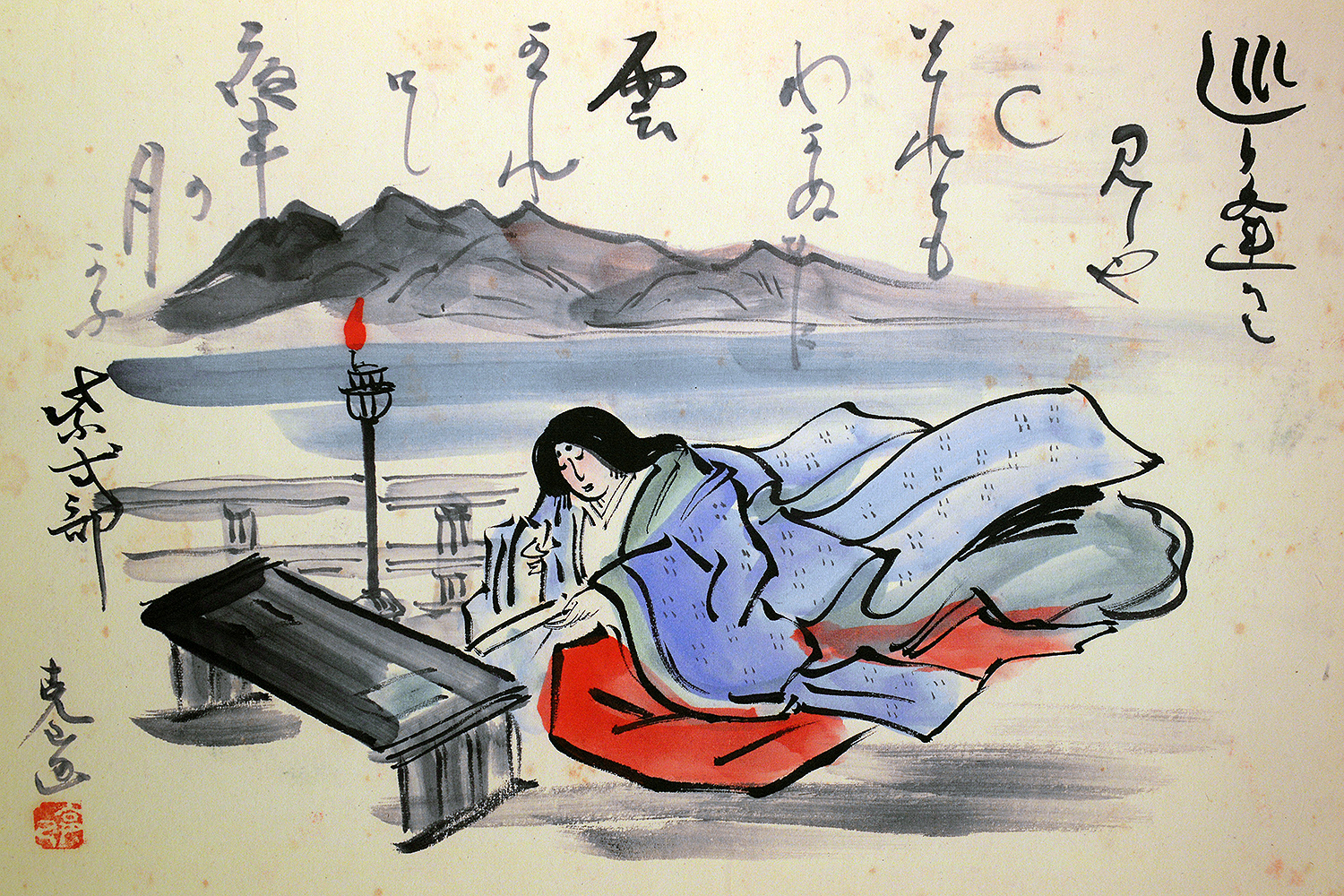 The illustration “Lady Murasaki (1928)” depicts Lady Murasaki Shikibu, one of the key literary figures during the Heian period (794-1185), a time of great literary accomplishment in Japanese history. The artist has depicted Lady Murasaki at a writing desk with her colorful court costume spread around her with misty mountains in the background. 