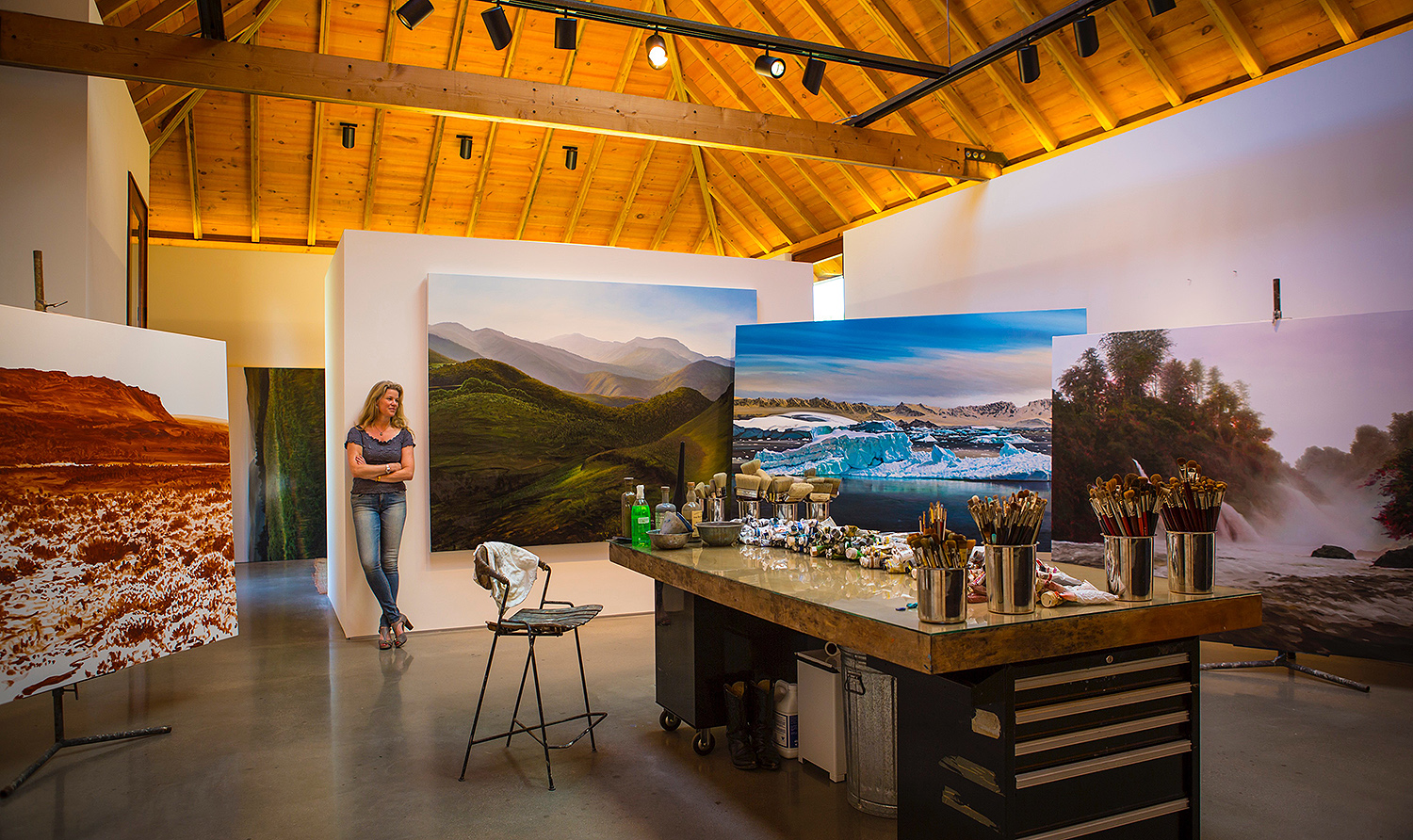 Professor of Art Tula Telfair stands in her painting studio, located in Lyme, Conn. 