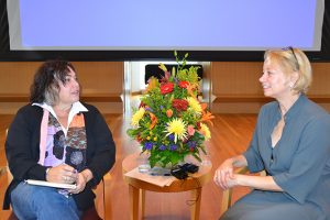 Amy Bloom, the Shapiro-Silverberg Professor of Creative Writing at Wesleyan (left), and award-winning mystery author Laura Lippman open Mysterium, a day-long conference for mystery writers, with a keynote conversation. 
