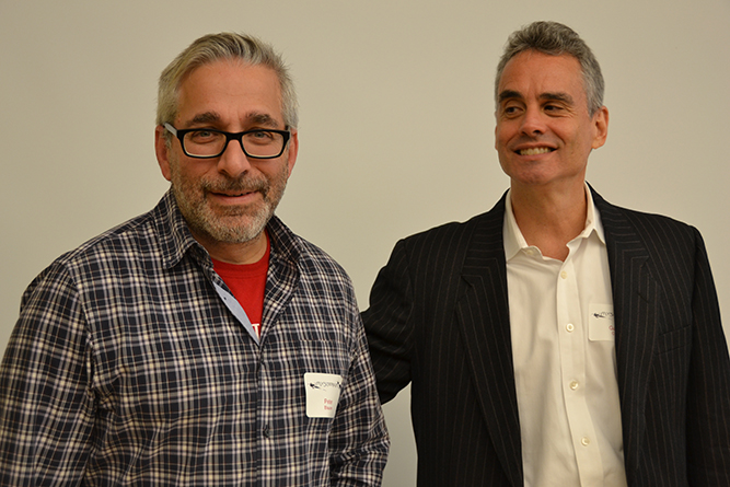 Peter Blauner ’82 (left) and Gabriel Cohen ’82 agreed that details were key in creating vivid detective novels. Blauner currently writes for Blue Bloods, the television show about a New York City police family; Cohen Cohen teaches writing at the Pratt Institute and has taught at NYU and the Center for Fiction’s Crime Fiction Academy.