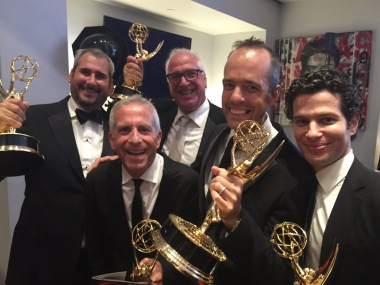 [Award winners for Grease: Live!Pictured above: Adam Siegel '00 (far left), Thomas Kail '99 (far right)