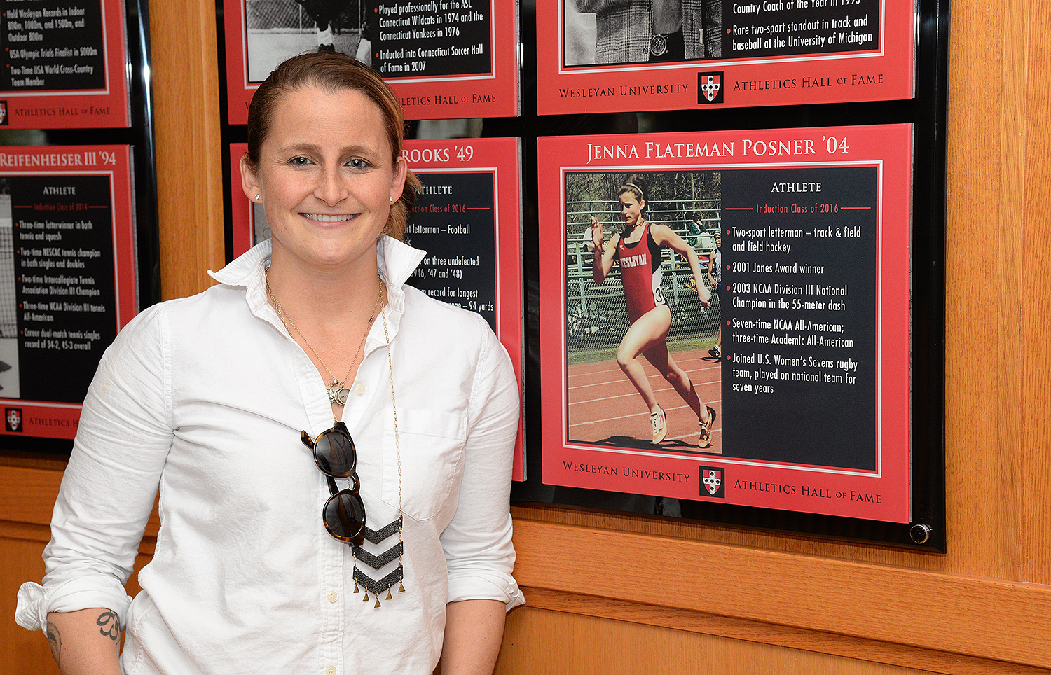 Jenna Flateman Posner '04, a 2003 NCAA National Champion, was an exceptional track athlete at Wesleyan, and also competed in field hockey for three years with the Cardinals before excelling in rugby following graduation. During her tenure at Wes, she set numerous records in track that still hold strong today. She is the indoor record holder in the 55-meter dash (:07.03) and the 200m (:25.71), and also a member of the 4x200m relay (1:44.74) and sprint medley relay (4:30.65) teams. Flateman Posner holds the fastest outdoor times in the 100m (:11.90) and the 200m (:24.88) as well, while also holding the record in the sprint medley relay (4:21.78). She piled up numerous accolades throughout her career, most notably the 2003 NCAA national title in the 55-meter dash, while also winning numerous New England Division III, NESCAC and ECAC titles, and earning several NCAA All-American, All-New England Division III, All-NESCAC and All-ECAC honors. Following her storied career, Flateman Posner competed in women's rugby and became a star on the USA Women's Sevens team.