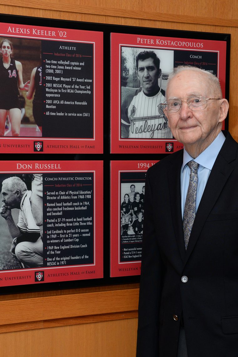 Don Russell was the former Chair of Physical Education and Director of Athletics (AD) at Wesleyan from 1968-to-1988, and also served as head coach of both the football and women's squash programs. As an AD, Russell was very active on both athletic and local committees, and was very well respected by administration, faculty, and his professional peers. As a football coach, Russell posted a 37-19 record, while coaching the Cardinals to three Little Three Championships ('66, '69, '70). He coached the last undefeated Wesleyan team in 1969 (8-0), and his .661 winning percentage is the highest among coaches in the modern era. The '69 Cardinals also shared the Lambert Cup with Delaware as the best division college team in the East, while Russell was named the New England Division College Coach of the Year.