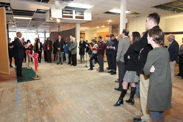 Wesleyan President Michael Roth speaks to a crowd at the new bookstore location on Nov. 30. (Photos by Laura Matesky) 