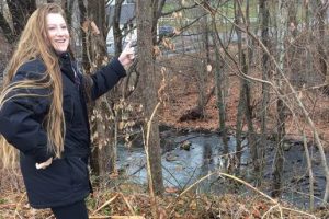 Emily Hart points to a tree during her study with the Middlesex Land Trust.