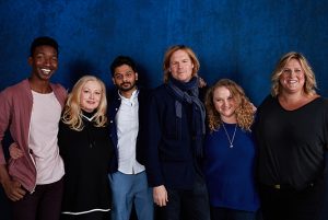 The cast of Patti Cake$: Mamoudou Athie, Cathy Moriarty, Siddharth Dhananjay, director Geremy Jasper, Danielle Macdonald, and Bridget Everett, which was a Sundance hit. (Photo by Daniel Bergeron) 