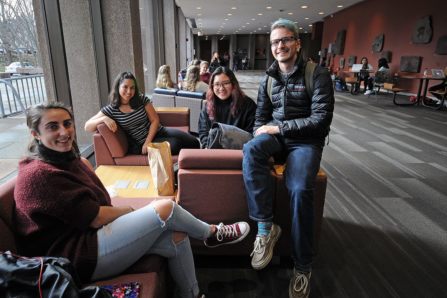 Classmates Ali Friend ’19, Teresa Naval ’19, Alexis Jimenee ’19 and Daniel Shaheen ’19 gathered in Exley Science Center over lunch. Ali, who visited family in Toronto, Canada over Winter Recess, says she missed the Wesleyan squirrels. “In Canada, the squirrels are black and twice as big as the gray squirrels. They are friendly, too, but not nearly as cute as Wes Squirrels,” she said. 