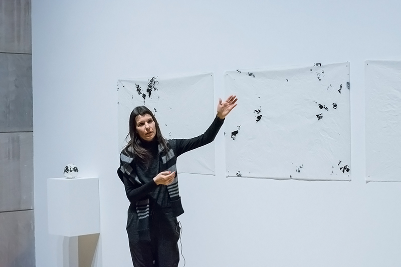 Multimedia artist Clarissa Tossin discusses her artwork at the IN STEREO event and artist walkthrough on February 7, 2017. Photo by Perceptions Photography.