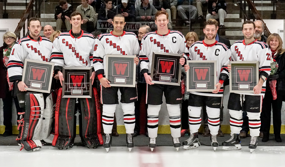 Prior to the Feb. 17 game against Trinity, Wesleyan honored the six members of its senior class: Rob Harbison, James Kline, Cole Morrissette, Quincy Oujevolk, Daniel Weiss and Dawson Sprigings.