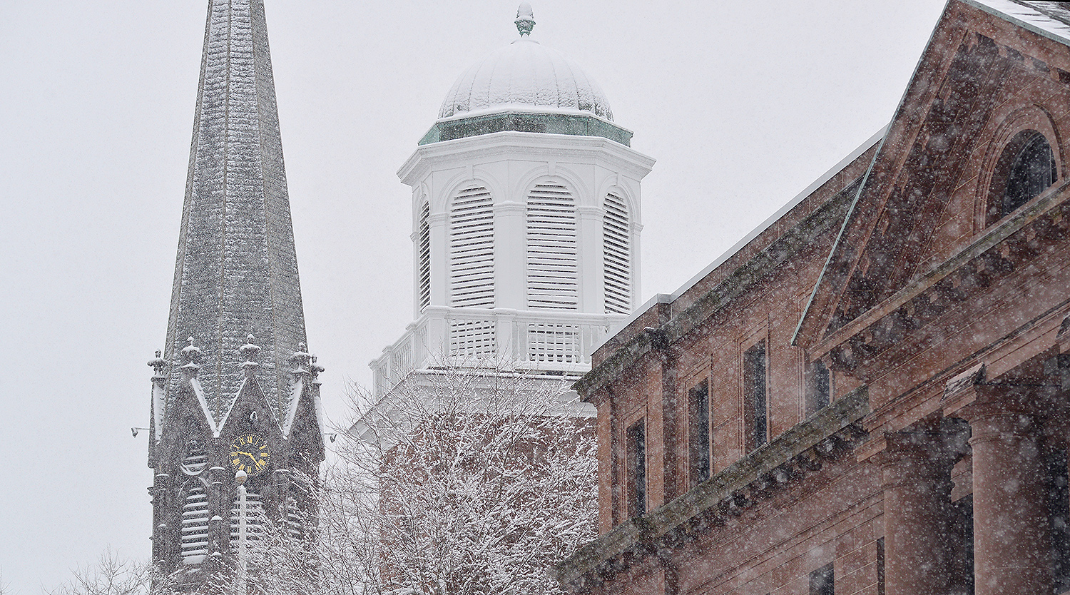 Snowy rooftops. From left, Memorial Chapel, South College, North College. 