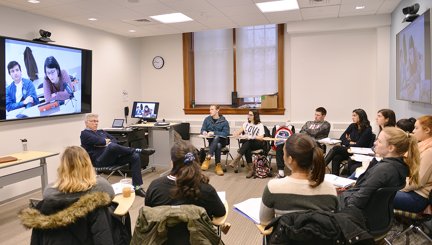 On March 28, the Spanish 258 class, taught by Antonio Gonzalez, professor of Spanish, interacted with a class at at Charles III University in Madrid, Spain over videoconferencing. (Photos by Olivia Drake) 