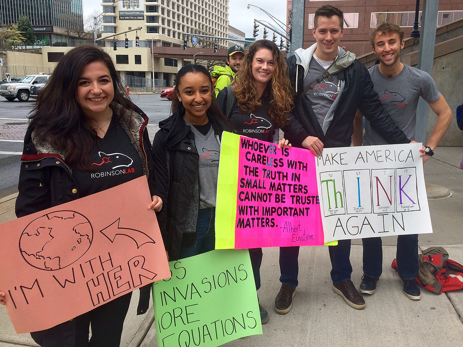 Pictured fourth from left, Mike Robinson, assistant professor of psychology, assistant professor of neuroscience and behavior, and members of the Robinson Lab, attended the March for Science. 