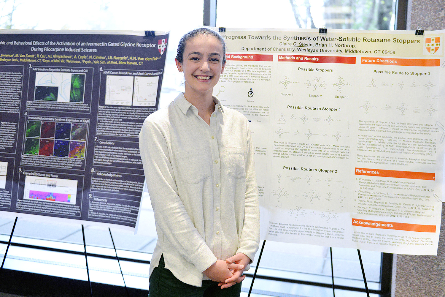 Claire Slevin '17 presented on “Progress Towards the Synthesis of Water-Soluble Rotaxane Stoppers." Her advisor is Brian Northrop, associate professor of chemistry.