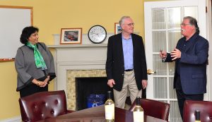 During a visit to the COE on April 7, Essel and Menakka Bailey offered a sampling of KnightsBridge wine, made from their grape farm in California. Professor Barry Chernoff led a toast to the Baileys with Wesleyan faculty, staff and students in attendance. 