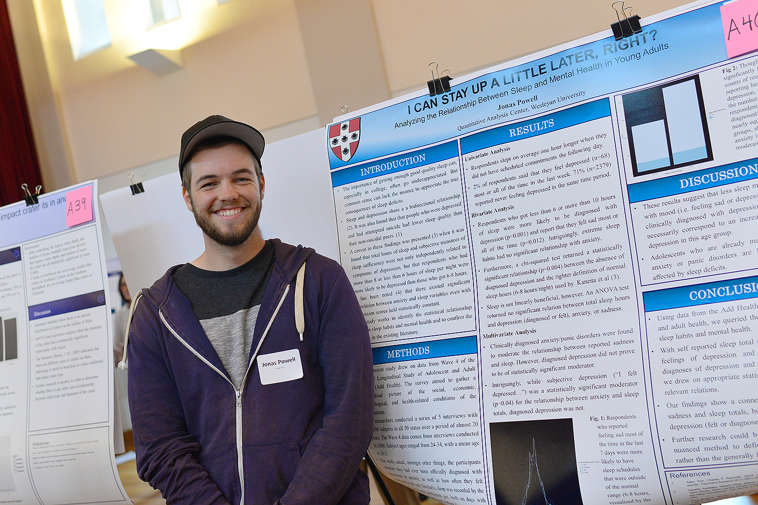 Jonas Powell ’18 presented his study titled “I Can Stay Up a Little Later, Right? Analyzing the Relationship Between Sleep and Mental Health in Young Adults” during the QAC poster session.