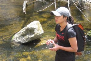 Graduate student Melissa Luna examines a piece of slag left behind from the Buena Vista Iron Furnace in Canaan, Conn. Iron furnaces were an important industry in Connecticut during the 19th century.