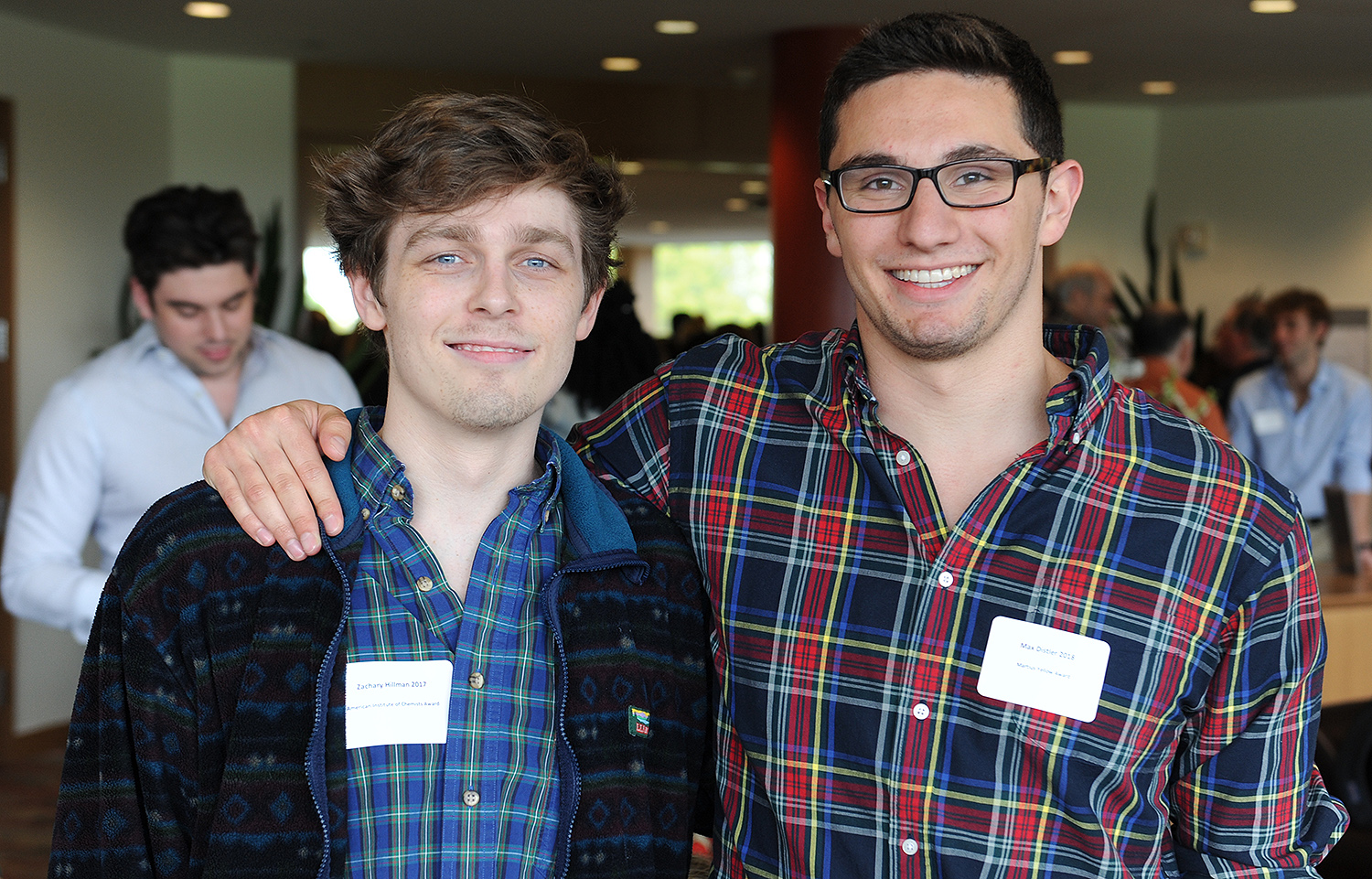 Zachary Hillman ’17 received the American Institute of Chemists Award and Max Distler ’18 received the Martius Yellow Award for excellence in organic synthesis research. 