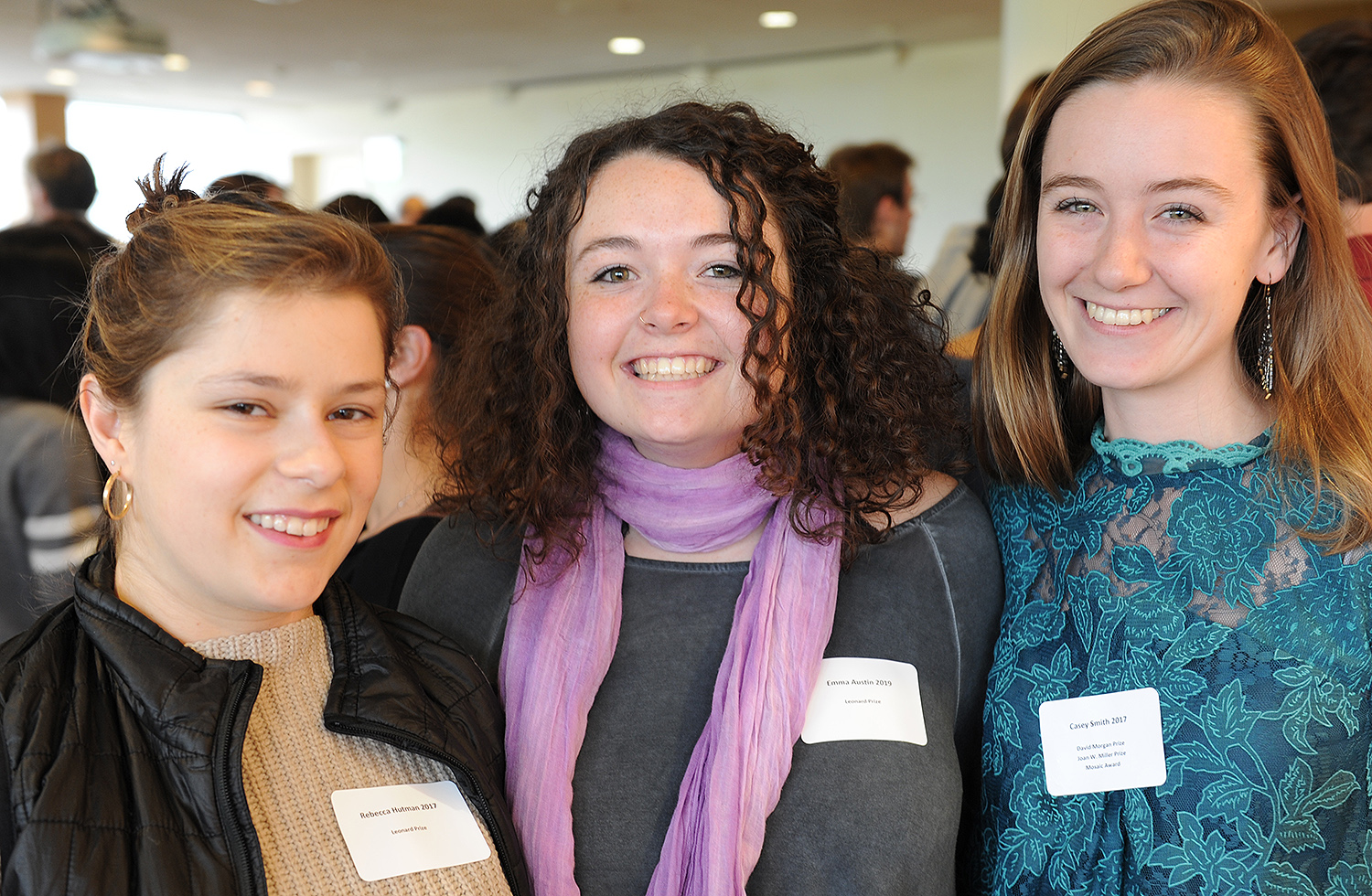 Rebecca Hutman ’17 and Emma Austin ’19 received the Leonard Prize for selflessly serving the greater interest of the Wesleyan student body; and Casey Smith ’17 received the David Morgan Prize for commitment to the College of Social Studies, the Joan M. Miller Prize for an outstanding honor’s thesis in the CSS, and the Mosaic Award for culture awareness. 