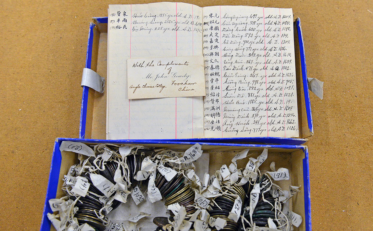 While rummaging through drawers in Exley's Specimen Storage room, Ellen Thomas discovered large collections of old coins including miniature intaglios and ancient Chinese coins collected by the Methodist missionaries who started Wesleyan. The coins are documented in an accompanying booklet. 