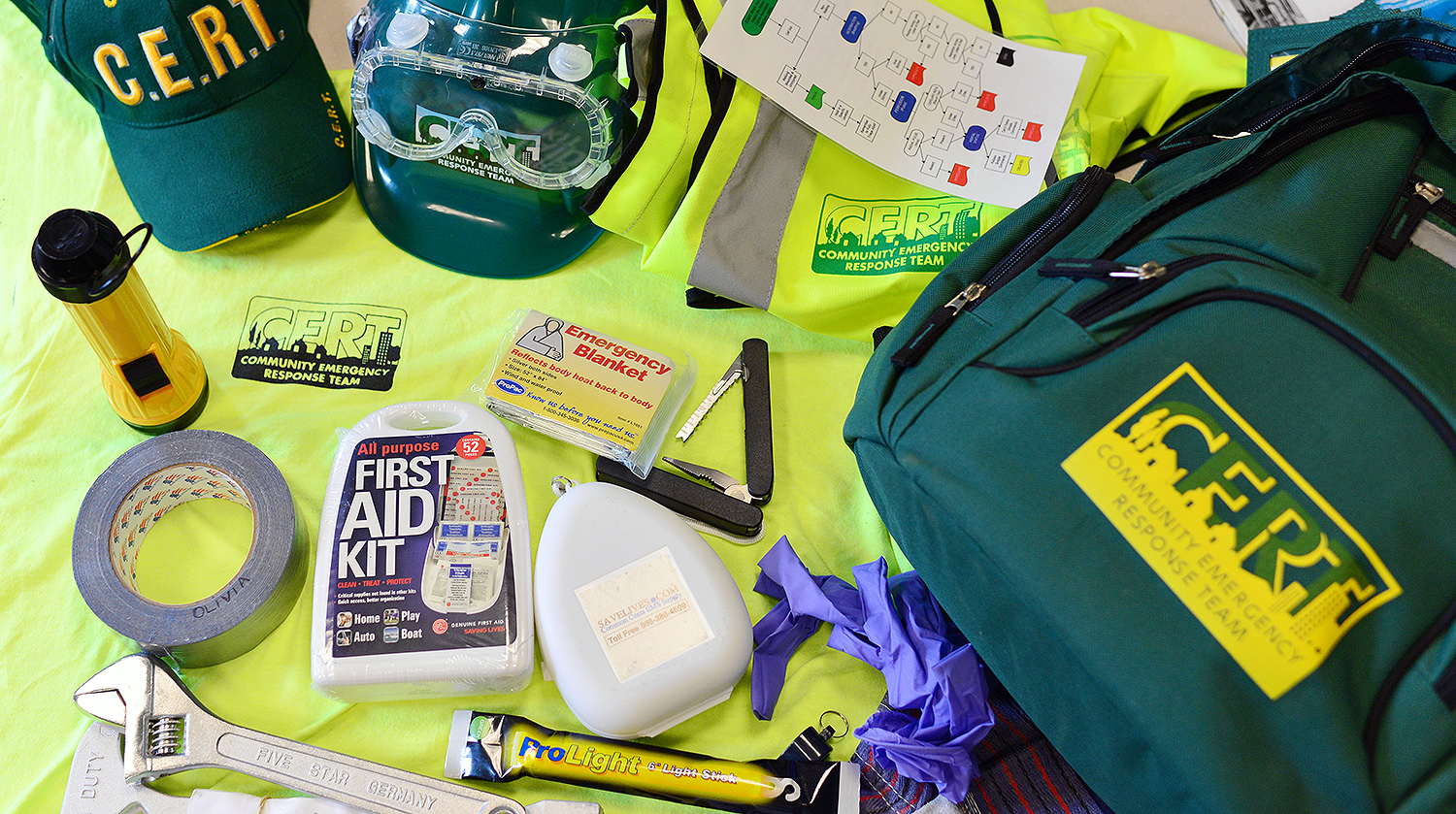 C-CERT members are equipped with a supply backpack, which includes a helmet, reflective vest, safety goggles, first-aid kit, emergency blanket, CPR kit, light sticks, gloves, tape, tools, knives and more. 