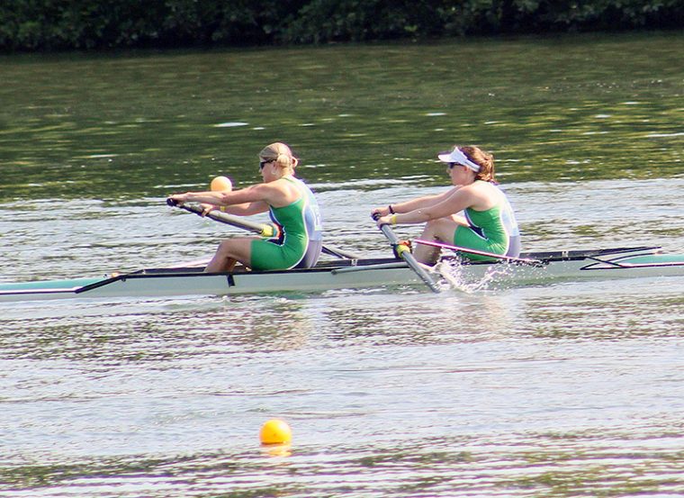 When she's not teaching or working in the lab, Michelle Personick, at right, rows crew with the Riverfront Recapture masters racing team in Hartford. 