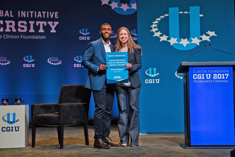 AJ Wilson '18 was honored by Chelsea Clinton, vice chair of the Clinton Foundation, during the Clinton Global Initiative University Conference on Oct. 14. (Photo by Diana Levine/Clinton Foundation)