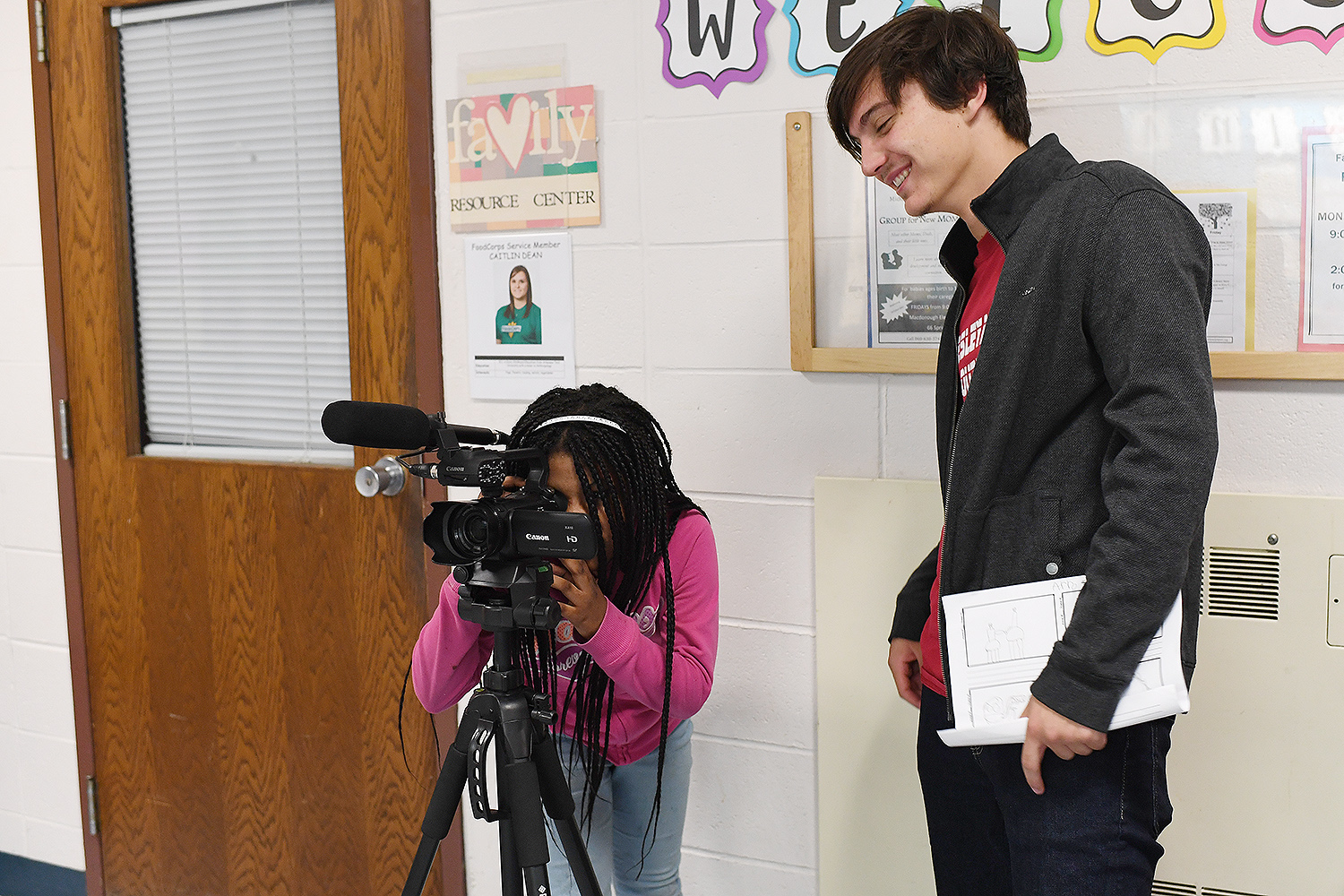 Nick Catrambone '21 works with XXXX on filming a scene for her video. 