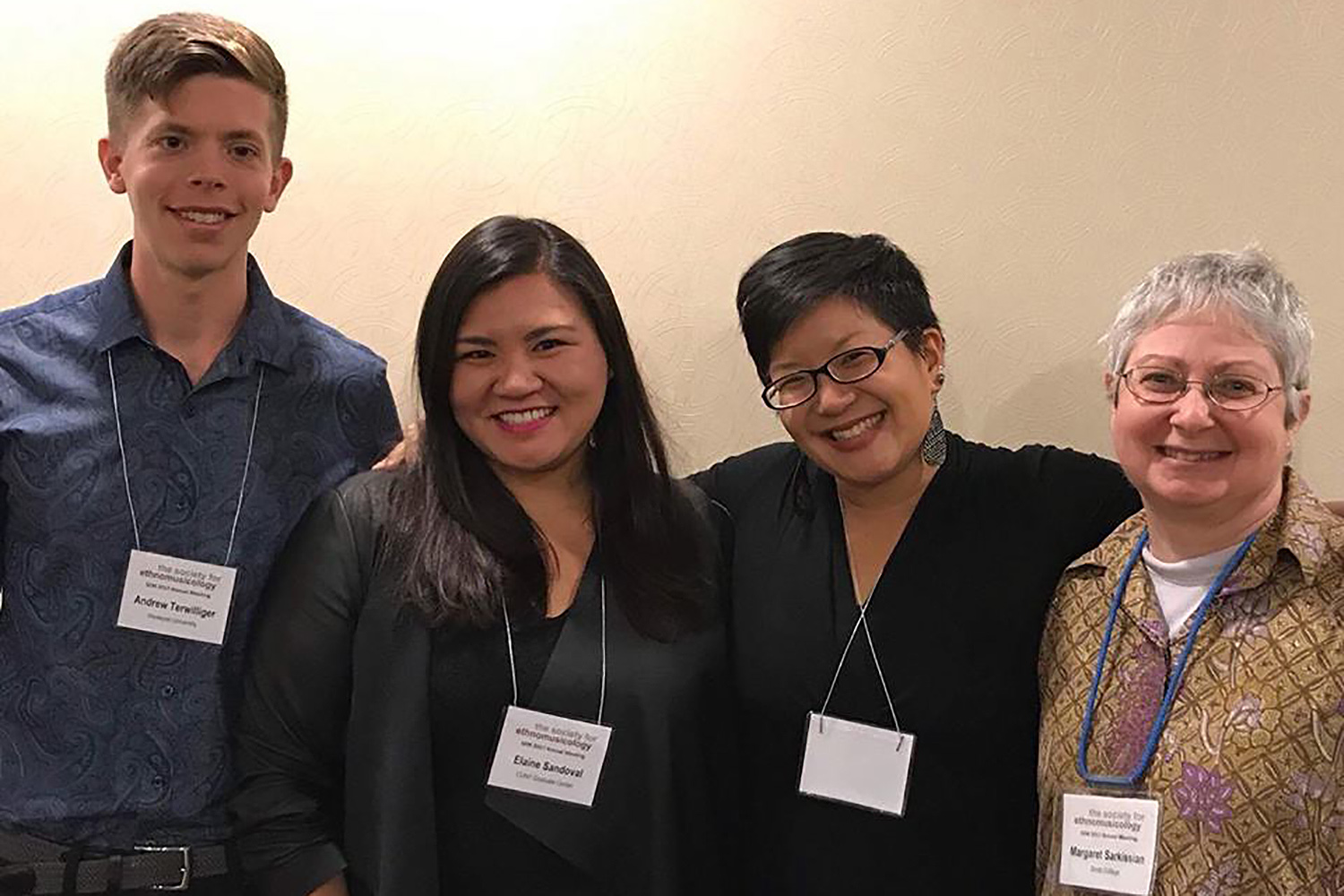 Ender Terwilliger, Elaine Sandoval (CUNY Graduate Center), Christine May Yong, and Margaret Sarkissian (Smith College) organized a panel titled "Performing within Parameters: Government Policy and the Performing Arts in Taiwan, Malaysia, and Venezuela."