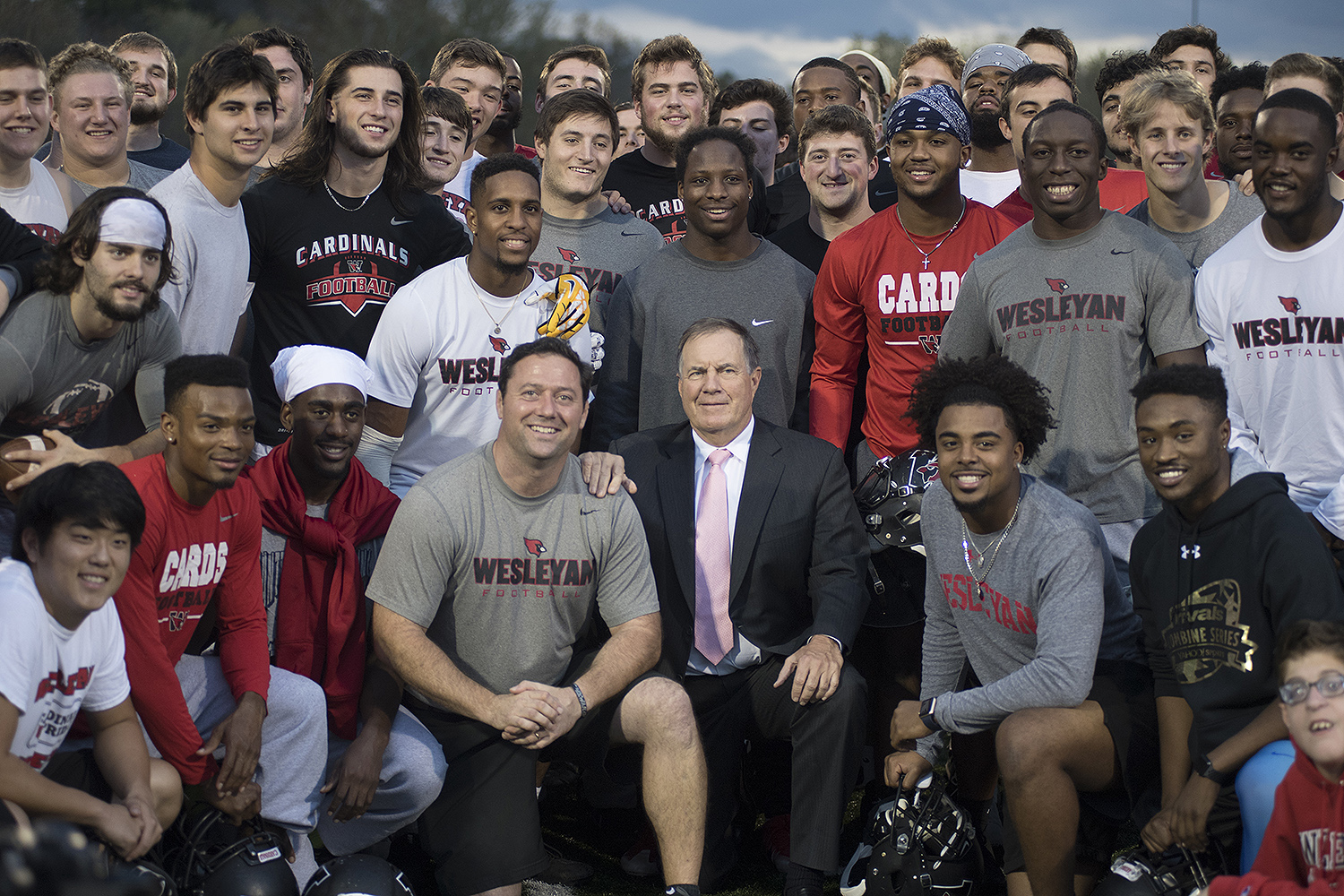 Belichick posed for photos with Head Coach Dan DiCenzo and the Wesleyan football team.