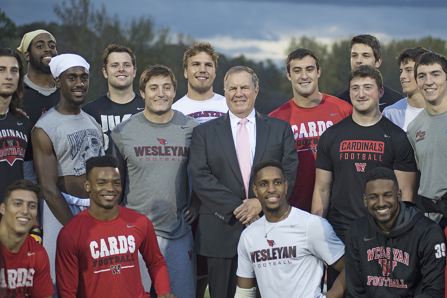 New England Patriots Head Coach Bill Belichick '75 met with members of the Wesleyan football team during the dedication of Belichick Plaza on Nov. 3. 