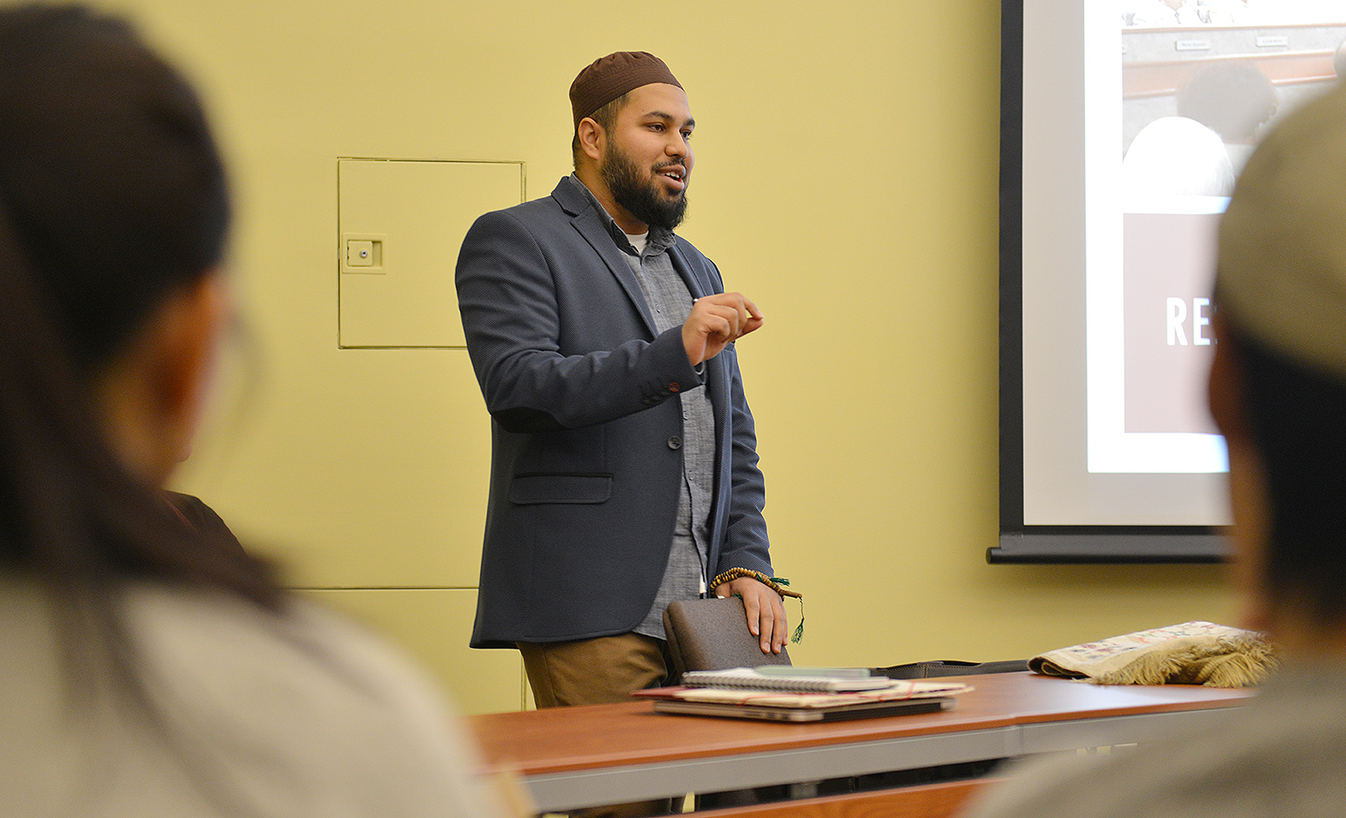 Chaplain Sami Aziz spoke on "Islamophobia and Our Denial of It." He discussed the Anti-Sharia Bill, refugees, and the potential for genocide. Chaplain Aziz has studied various classical Islamic sciences in his studies within the United States and abroad.