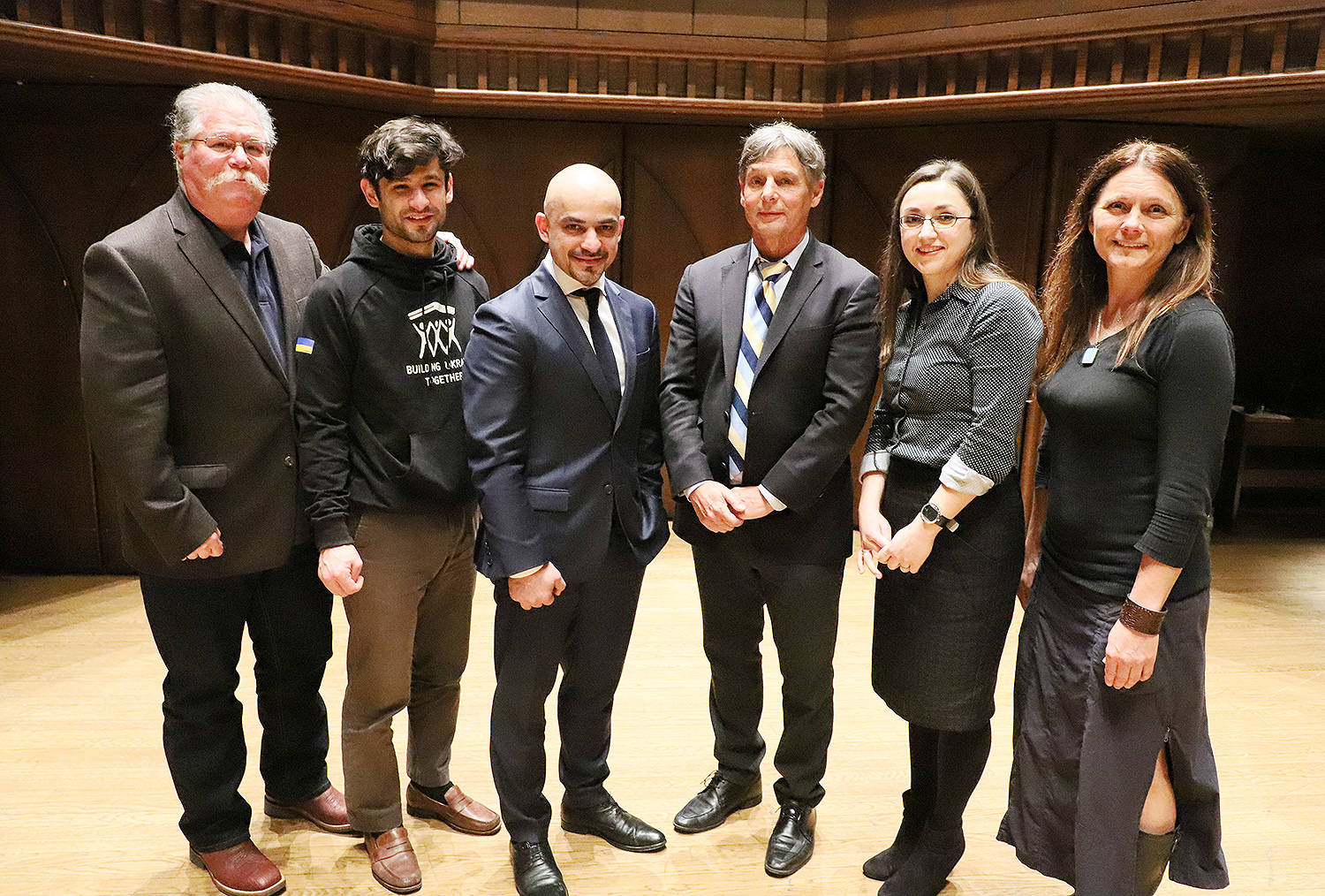 Pictured from left are Barry Chernoff, director of the College of the Environment; Yurko Didula, Mustafa Nayyem, Daniel Hryhorczuk, event moderator Olena Lennon and Katja Kolcio. Lennon is an adjunct professor of political science at the University of New Haven. 