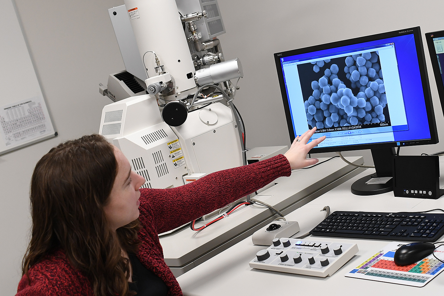 Michelle Personick, assistant professor of chemistry, examines nanoparticles viewed from a new field emission scanning electron microscope.