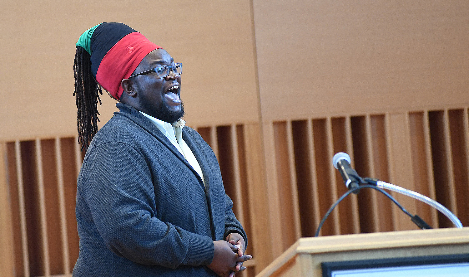 Representing the MLK Committee, Demetrius Colvin, director of the Resource Center, provided a welcome — and welcoming song — for the audience.