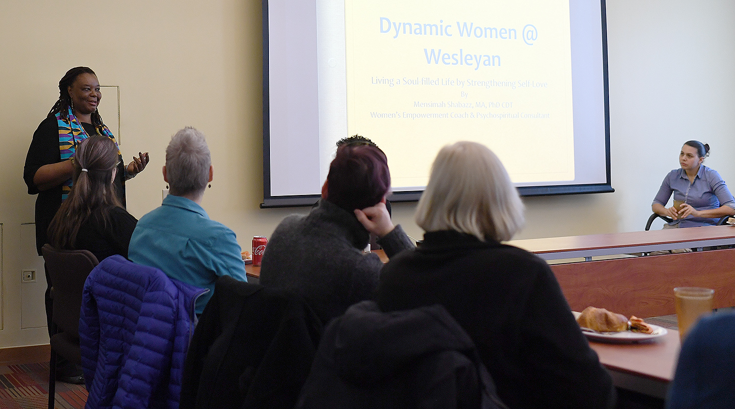 On Feb. 13, Wesleyan's Dynamic Women@Wes organization hosted a workshop on "Living a Soul-filled Life by Strengthening Self-Love." Inspirational speaker Mensimah Shabazz led a meditation and discussed that focused on creative ways of generating self-confidence, fearlessness and inner wisdom. Shabazz is the president of AGAPE Consulting, which focuses on energy healing and psychospirituality.