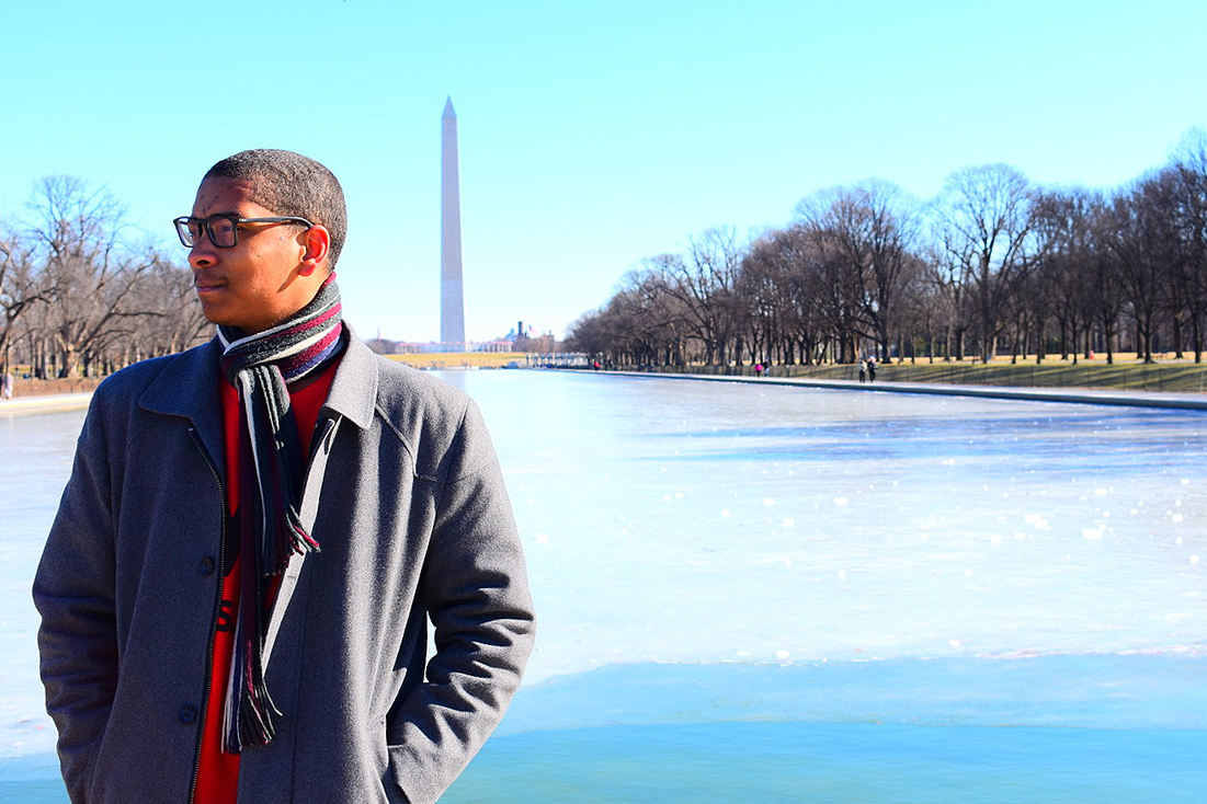 Anthony Price ’20, pictured here by the Washington Monument in Washington D.C., is half-way through a five-month internship on Capitol Hill. 