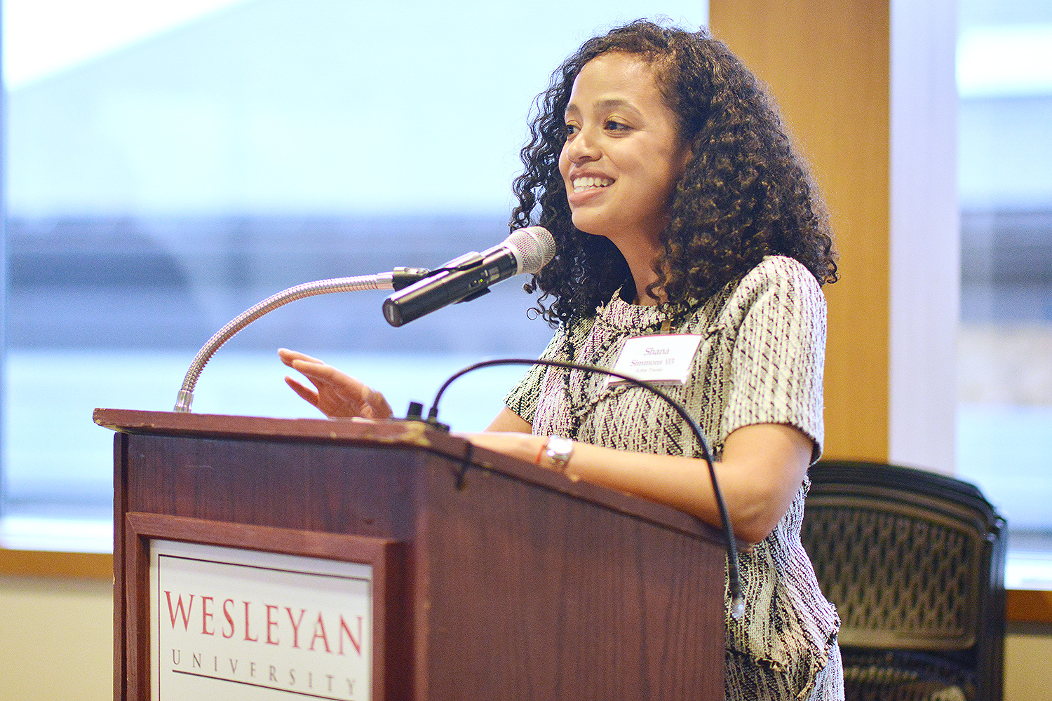 Wesleyan Trustee Shana Simmons '03 provided the keynote discussion during the Student of Color Dinner on April 12. The SOC dinner provides an opportunity for newly admitted students to learn about various Wesleyan affinity groups, organizations and offices on campus that provide student services. 