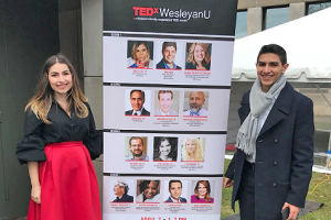 Melisa Olgun '20 and Eunes Harun ’20 stand outside the Ring Family Performing Arts Hall while preparing for TEDxWesleyanU. 