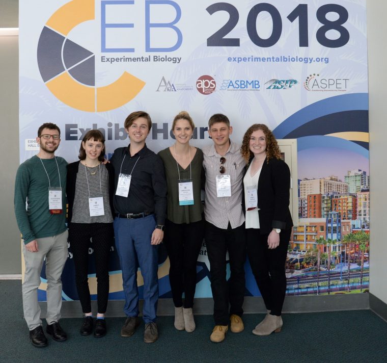 Undergraduates from the Biology, Chemistry, and Molecular Biology and Biochemistry majors showed off their science at the 2018 meeting of the American Society for Biochemistry and Molecular Biology. From Left, Alex Shames '18 (MacQueen Lab), BA/MA student Arden Feil (MacQueen Lab), Will Barr '18 (Weir Lab), Christine Little '18 (Mukerji Lab), Cody Hecht '18 (Taylor Lab), and Emily Kessler '18 (Hingorani Lab).