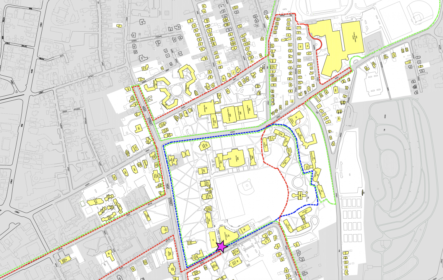 A new Wesleyan University Fitness Trails map shows where employees can walk in a 1-, 3- or 5-mile loop. 