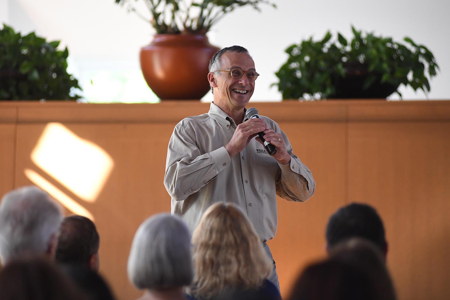 Wesleyan President Michael Roth '78 spoke during the annual Parents Assembly in Beckham Hall. 