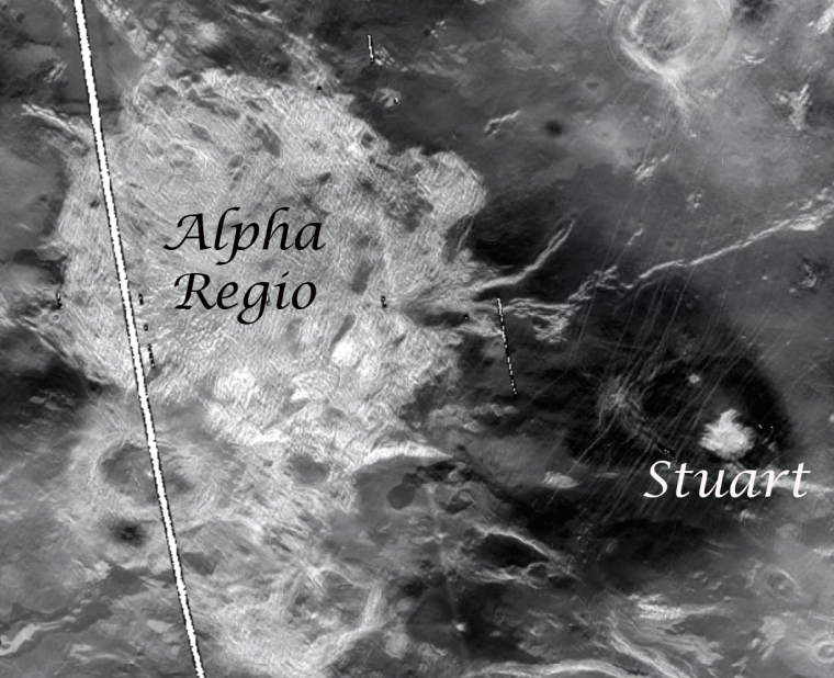 Caption: Radar image of Venus. Alpha Regio tessera is partly covered by the dark parabola of the impact crater Stuart on the volcanic plains.