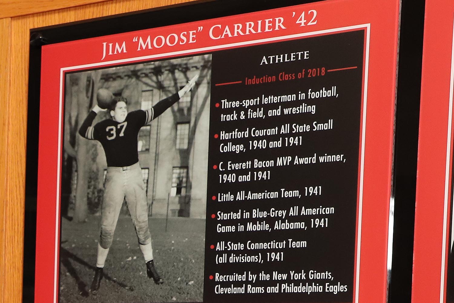 James Carrier '42 (football, track and field, wrestling) – James, who is being inducted posthumously, was a three-sport athlete at Wesleyan who competed in football, track, and wrestling. He excelled in football and was named a team captain during his junior and senior seasons. James started all 24 games during his four-year career and led the football team to a Little Three Championship in 1939. He rushed for 12 career touchdowns, passed for 22, converted 35 points-after-touchdowns (PATs), and scored or contributed to 242 points during his career as a Cardinal. James also starred in the New Year’s Collegiate Football Classic in Mobile, Alabama, in 1942.