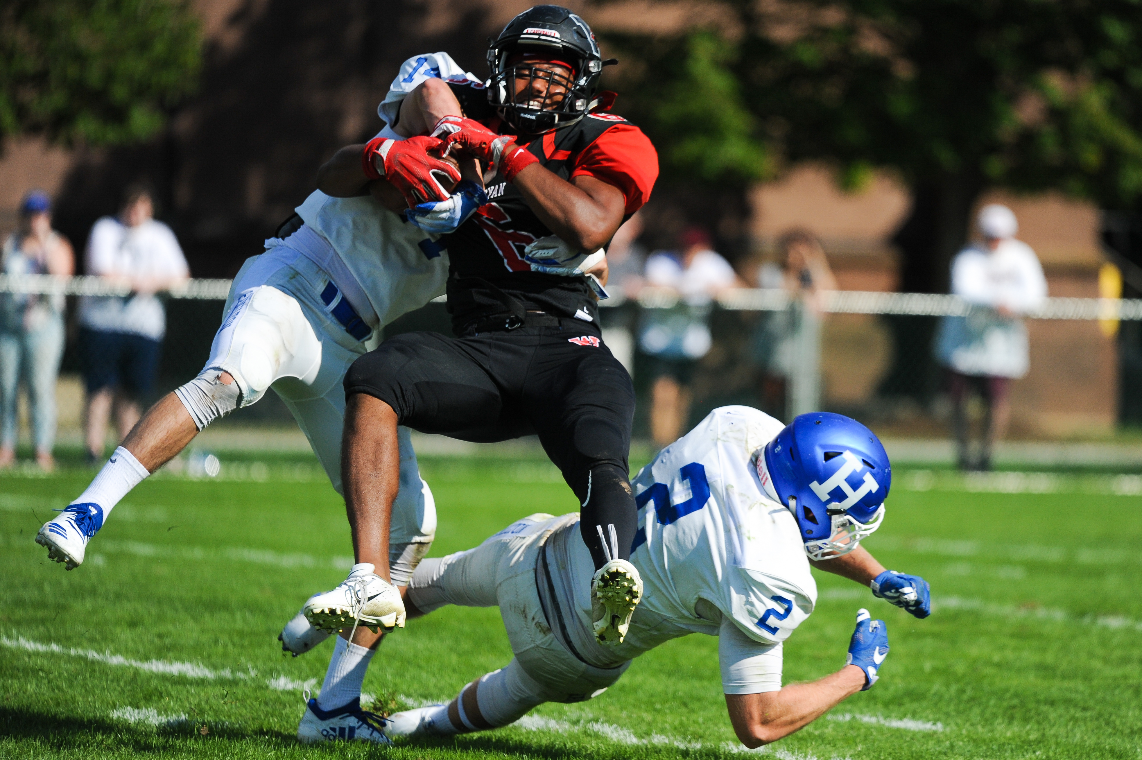 Hamilton College blocked a Wesleyan punt and recovered it in the end zone with just 1:34 to play in regulation as the Continentals stunned the Cardinals at Corwin Stadium Saturday afternoon, 33-29.