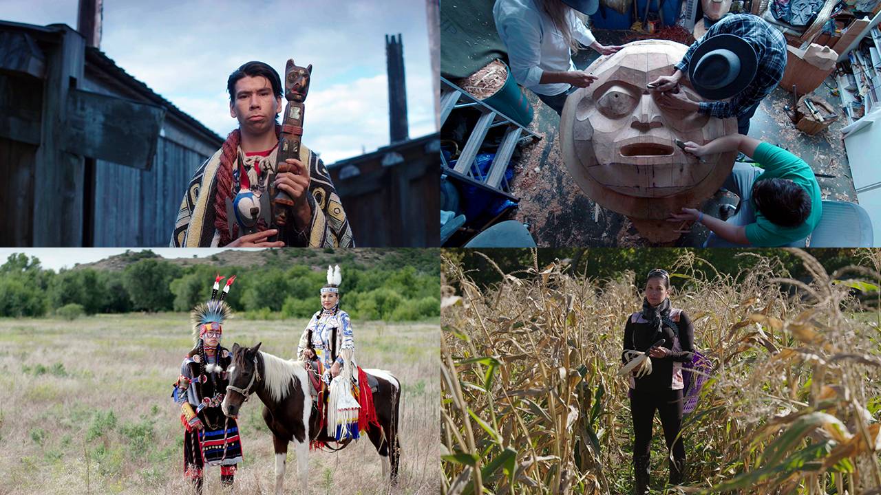 Clockwise from top left: Alan Hunt prepares to become a Kwakwaka'wakw Hereditary Chief; Potlatch cedar carving; Onondaga tribal member Angela Ferguson; Comanche tribal members Philip Bread and Jhane Myers. Credit: Providence Pictures