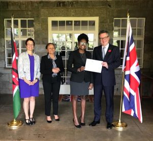 Claudia Kahindi '18, second from right, was awarded the 2019 Rhodes Scholarship for Kenya. From left, Elizabeth Kiss, warden of the Rhodes Trust, Sheila M'mbijjewe, Rhodes Selector, Kahindi, and Nic Hailey, the British High Commissioner to Kenya.
