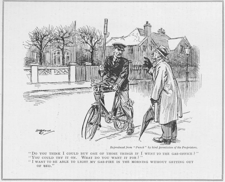 A 1930 cartoon from the periodical Punch features a bicycle-riding lamplighter. (Chris Sugg.)